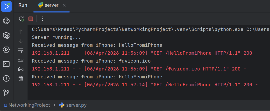 PyCharm console showing received message from iPhone