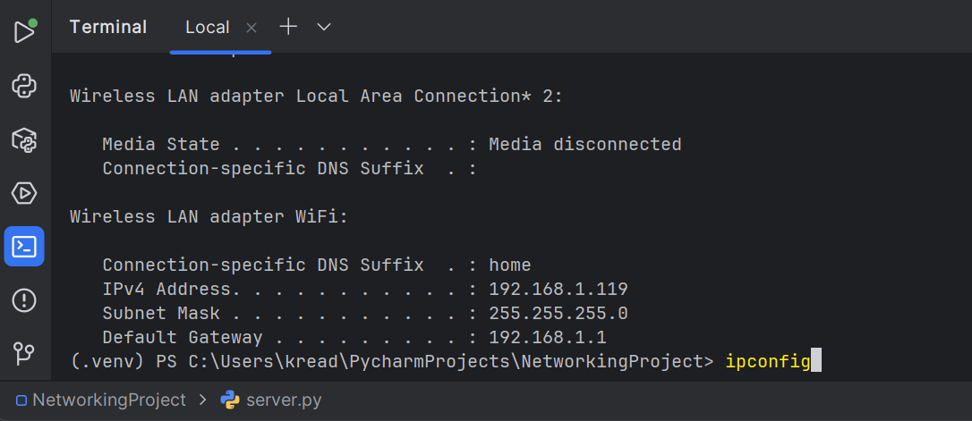 PyCharm terminal showing ipconfig output