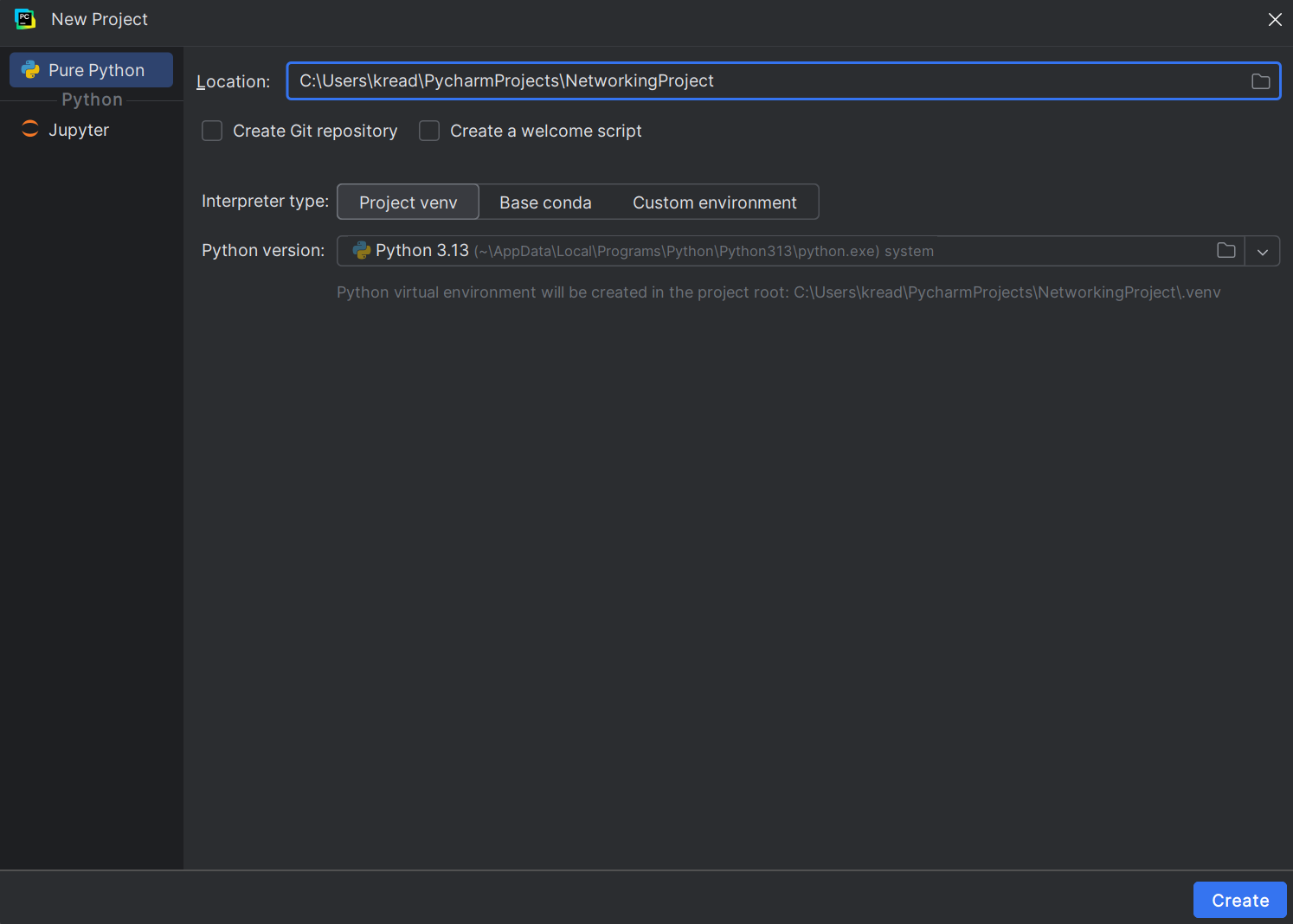 PyCharm new project screen