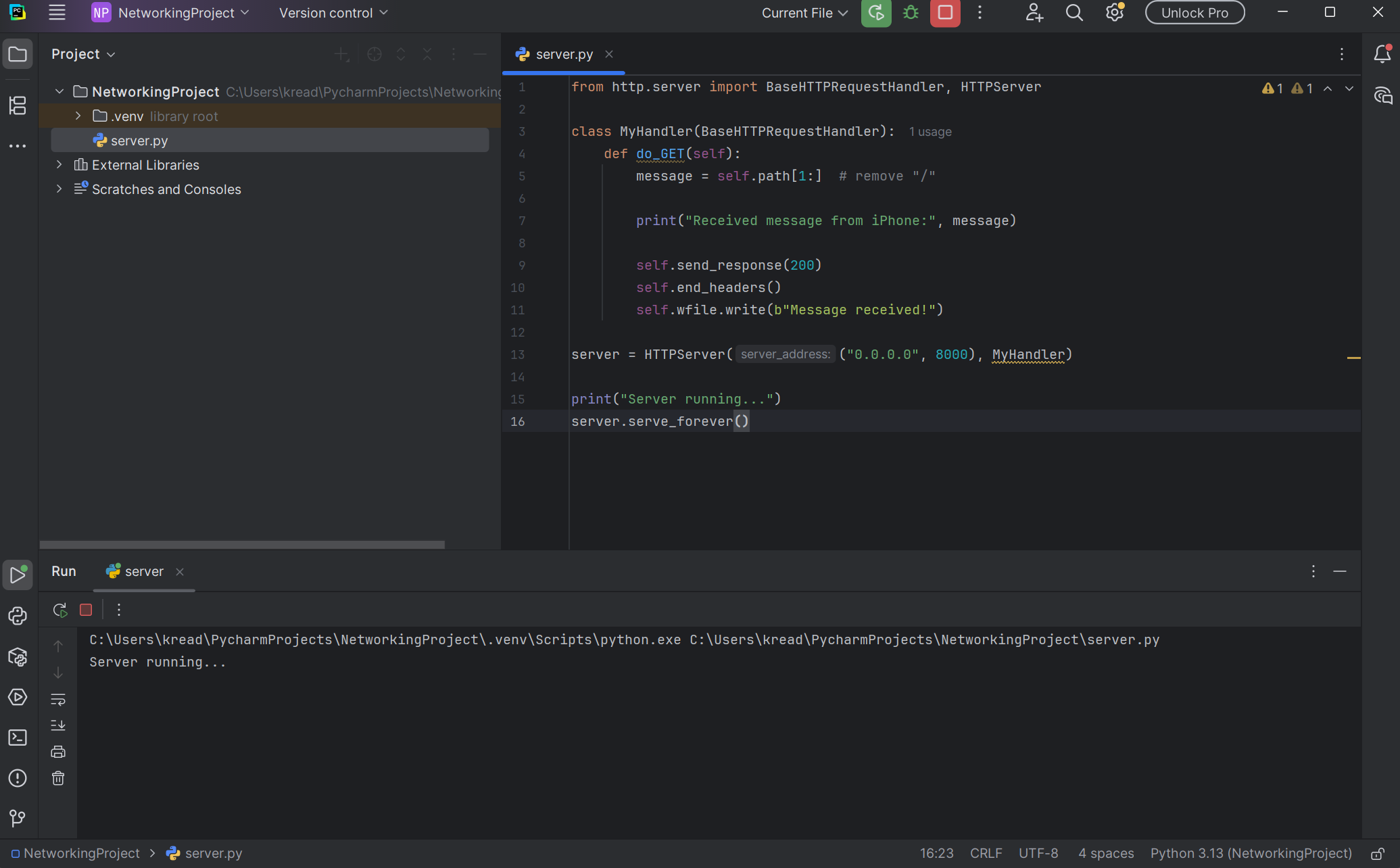 PyCharm server.py code and run console