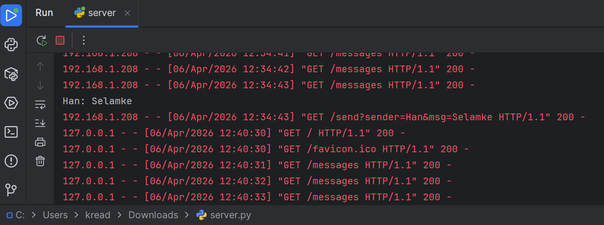 Server console showing sent and received messages